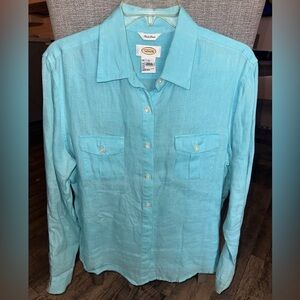 Talbots Vintage 100% Irish Linen Aqua Button Down Long Sleeve Top Size Large